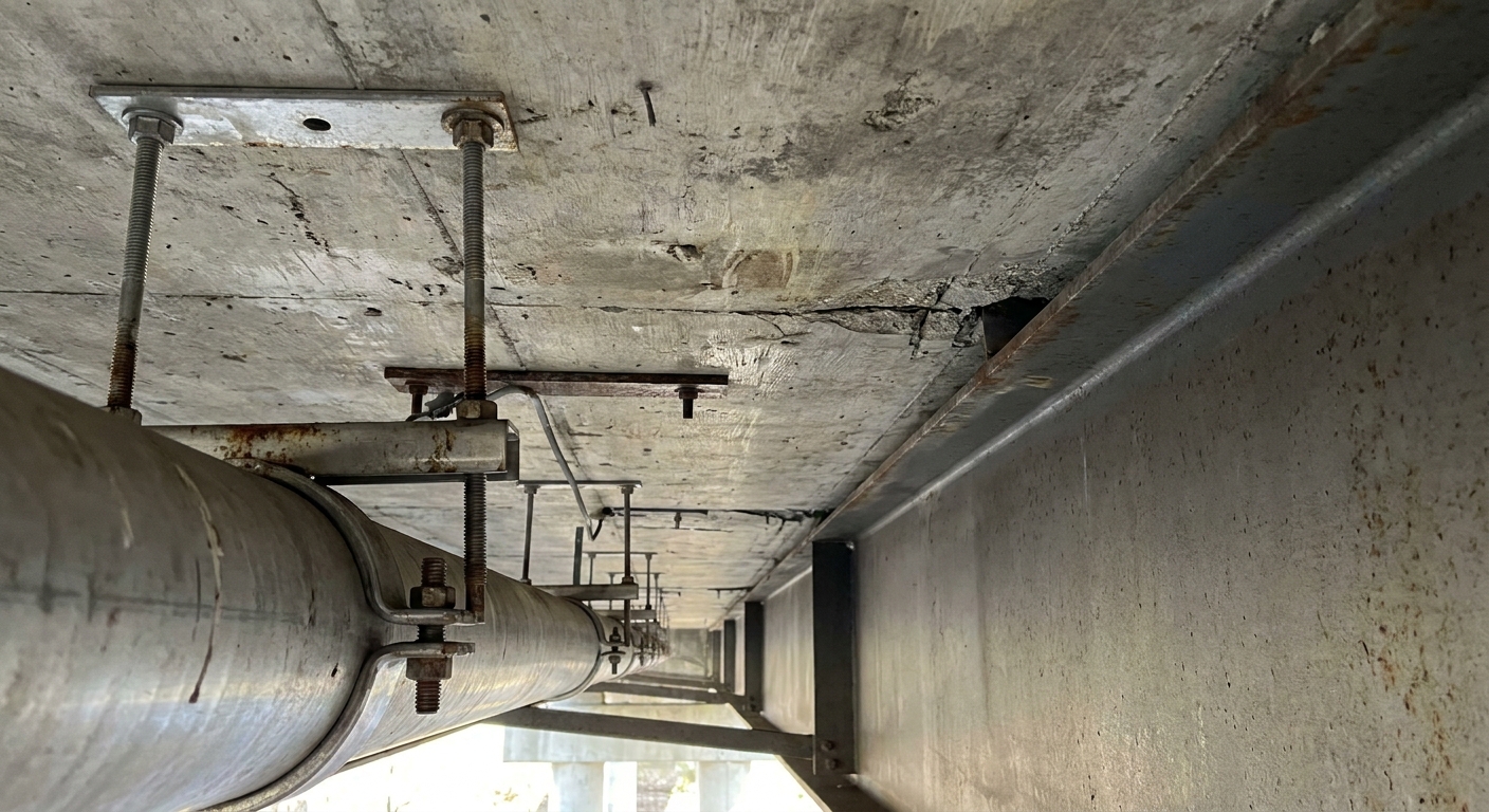Stainless steel utility pipe hangers and brackets mounted to the underside of a concrete bridge deck, showing structural attachment hardware and engineered support system
